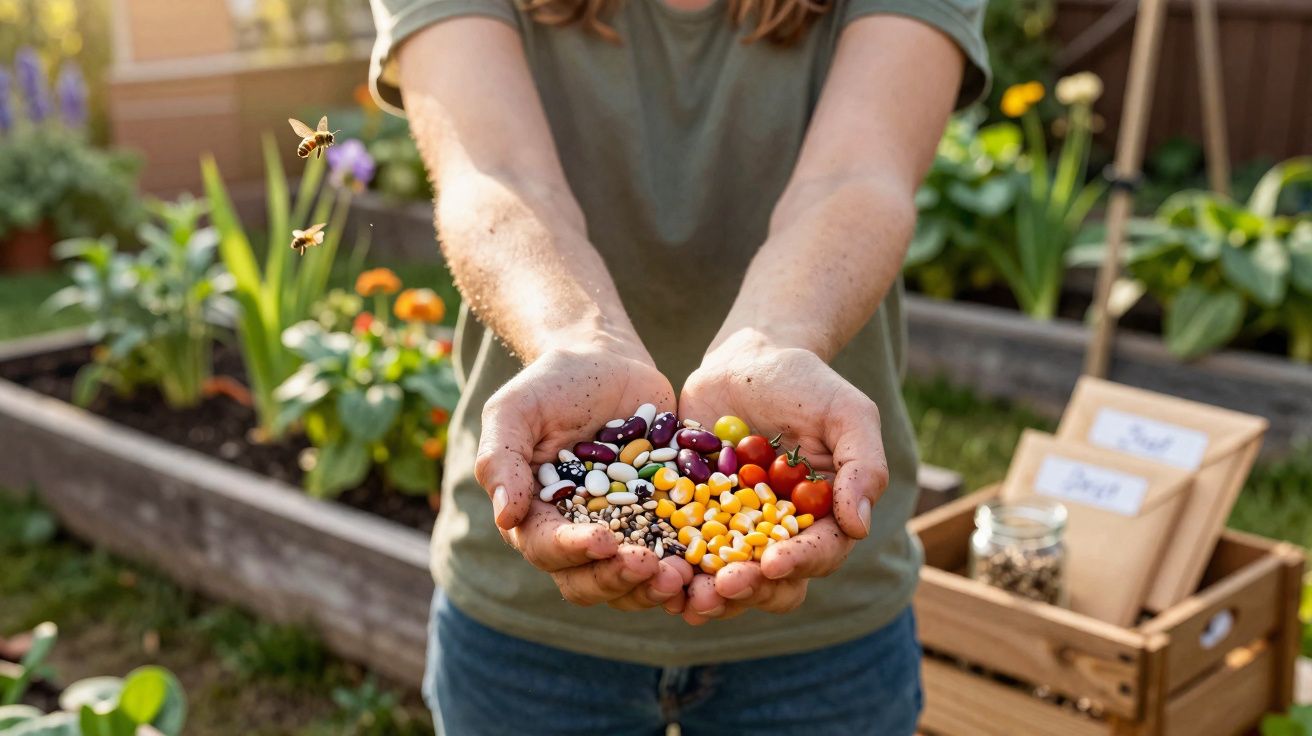 Pessoa segurando diferentes sementes e legumes numa mão, em horta ao ar livre com abelhas a voar.