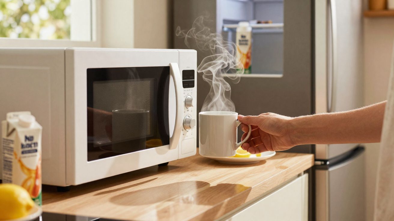 Pessoa a tirar uma caneca com bebida quente a vapor do micro-ondas numa cozinha moderna.