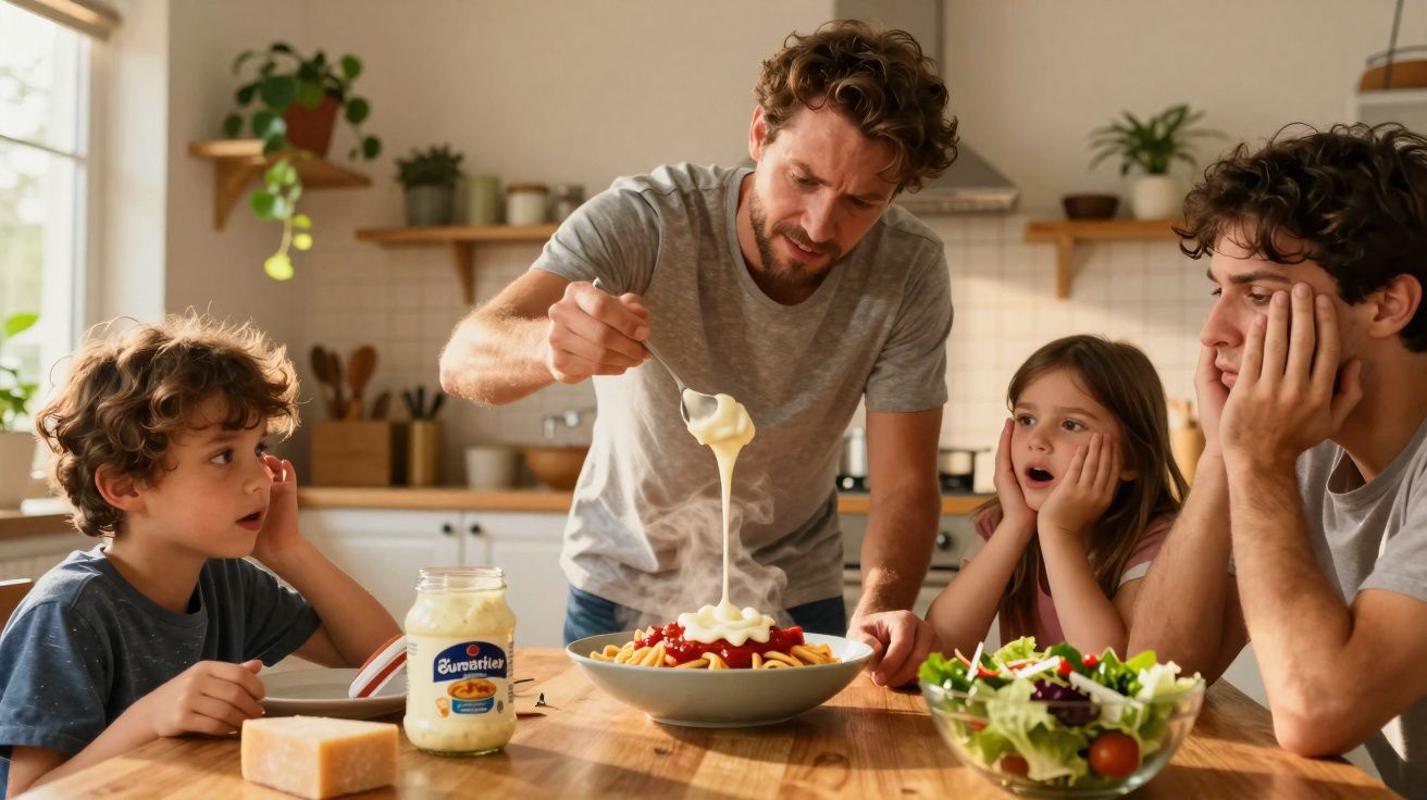 Homem a servir molho numa taça de massa enquanto três crianças observam à mesa na cozinha.