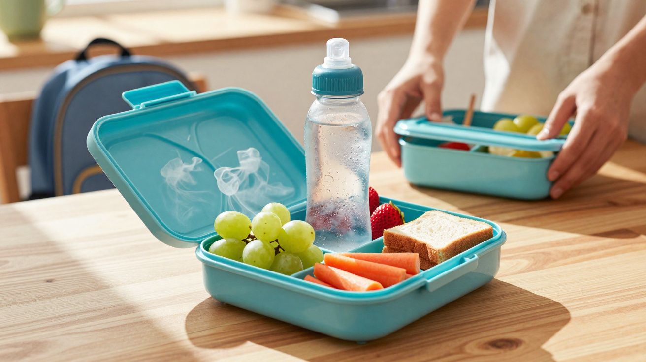 Marmita azul com uvas, cenouras, morangos, pão e garrafa de água sobre mesa de madeira.