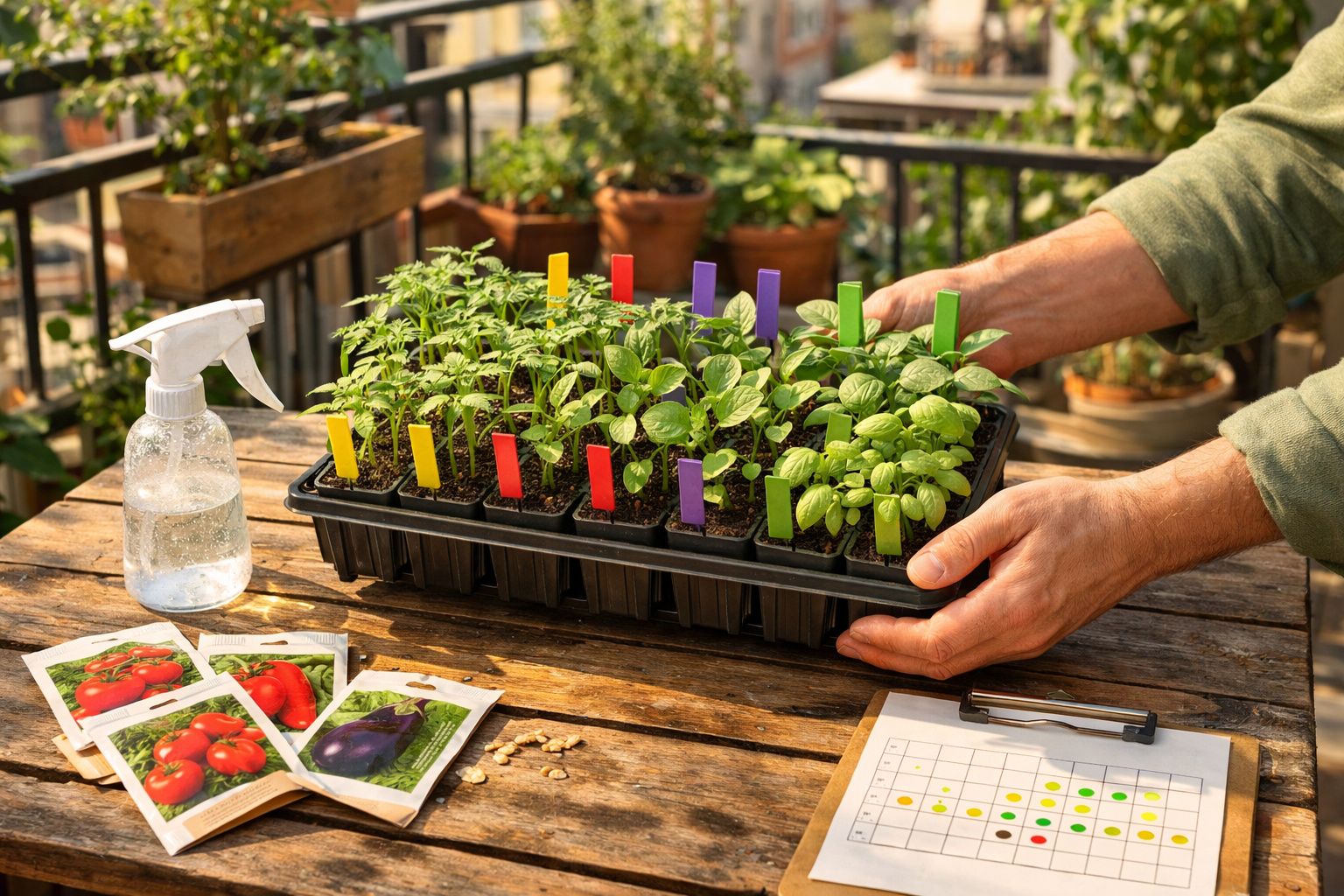 Mãos a segurar uma bandeja com mudas de ervas marcadas por etiquetas coloridas numa varanda com sementes e borrifador.