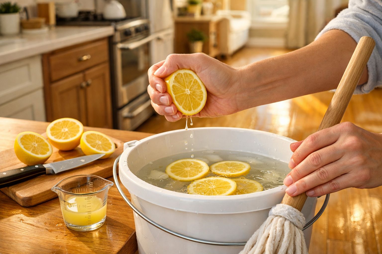 Pessoa a espremer limão sobre um balde com fatias de limão na água, ao lado de tábua e esponja.