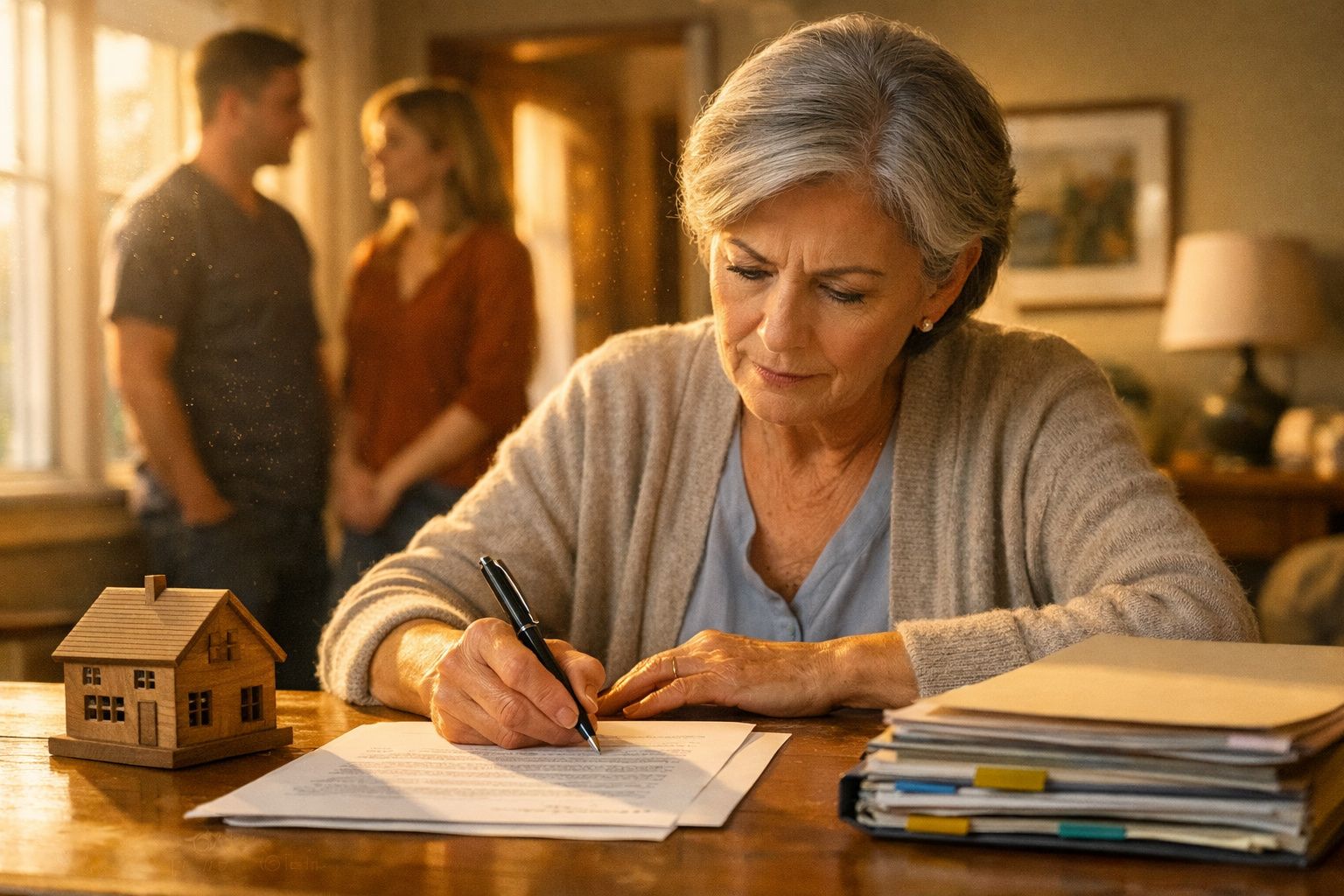 Mulher sénior a assinar documentos com casal ao fundo e maquete de casa numa mesa.