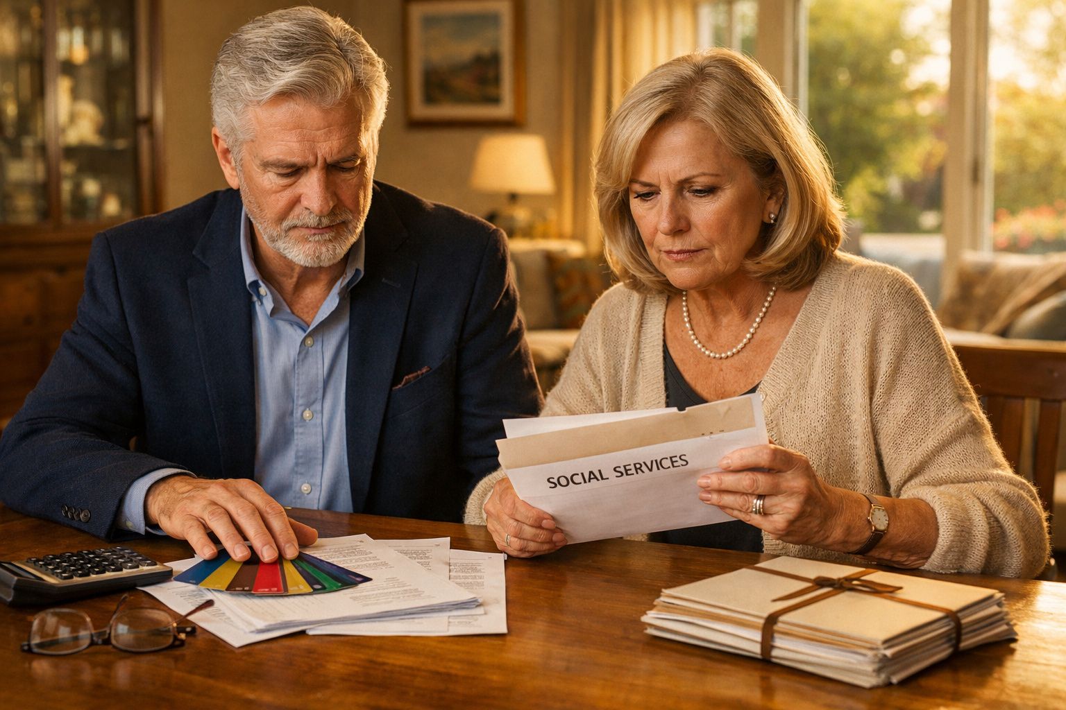 Casal sénior sentado a analisar cartas e documentos com expressão preocupada numa mesa de madeira em casa.