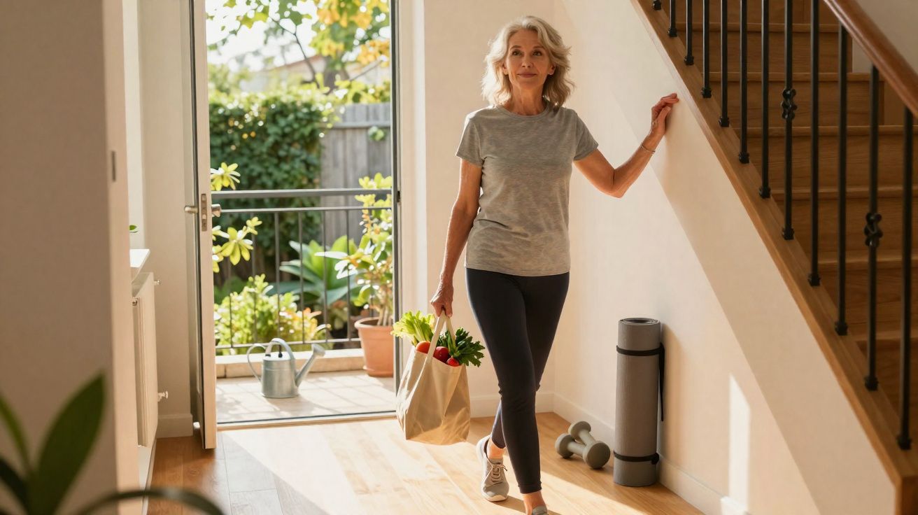 Mulher de cabelos grisalhos entra em casa a segurar saco de compras com legumes e folhagens.
