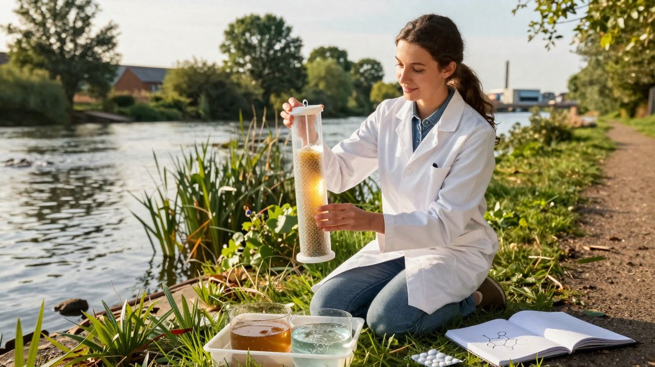 Mulher cientista de jaleco analisa amostras de água junto a um rio rodeado por vegetação.