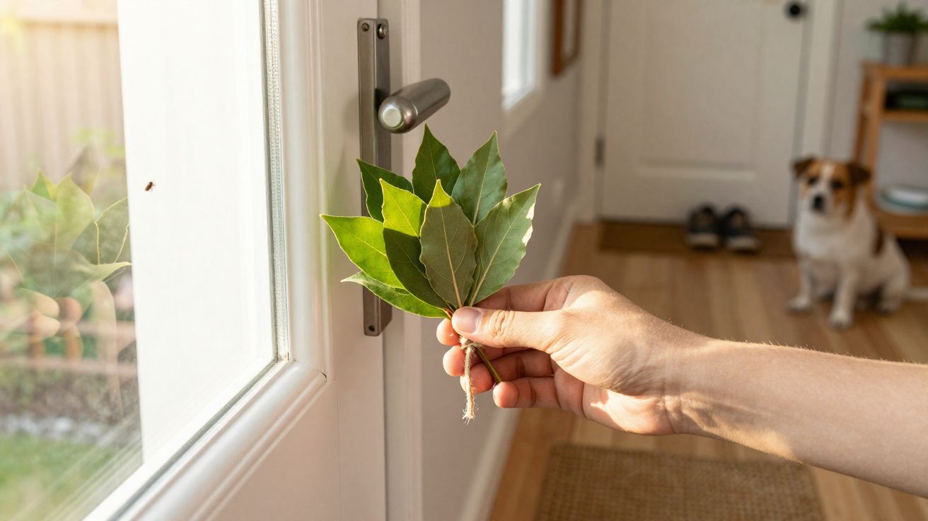 Pessoa segura um molho de folhas junto a uma porta com puxador metálico, com um cão ao fundo dentro de casa.