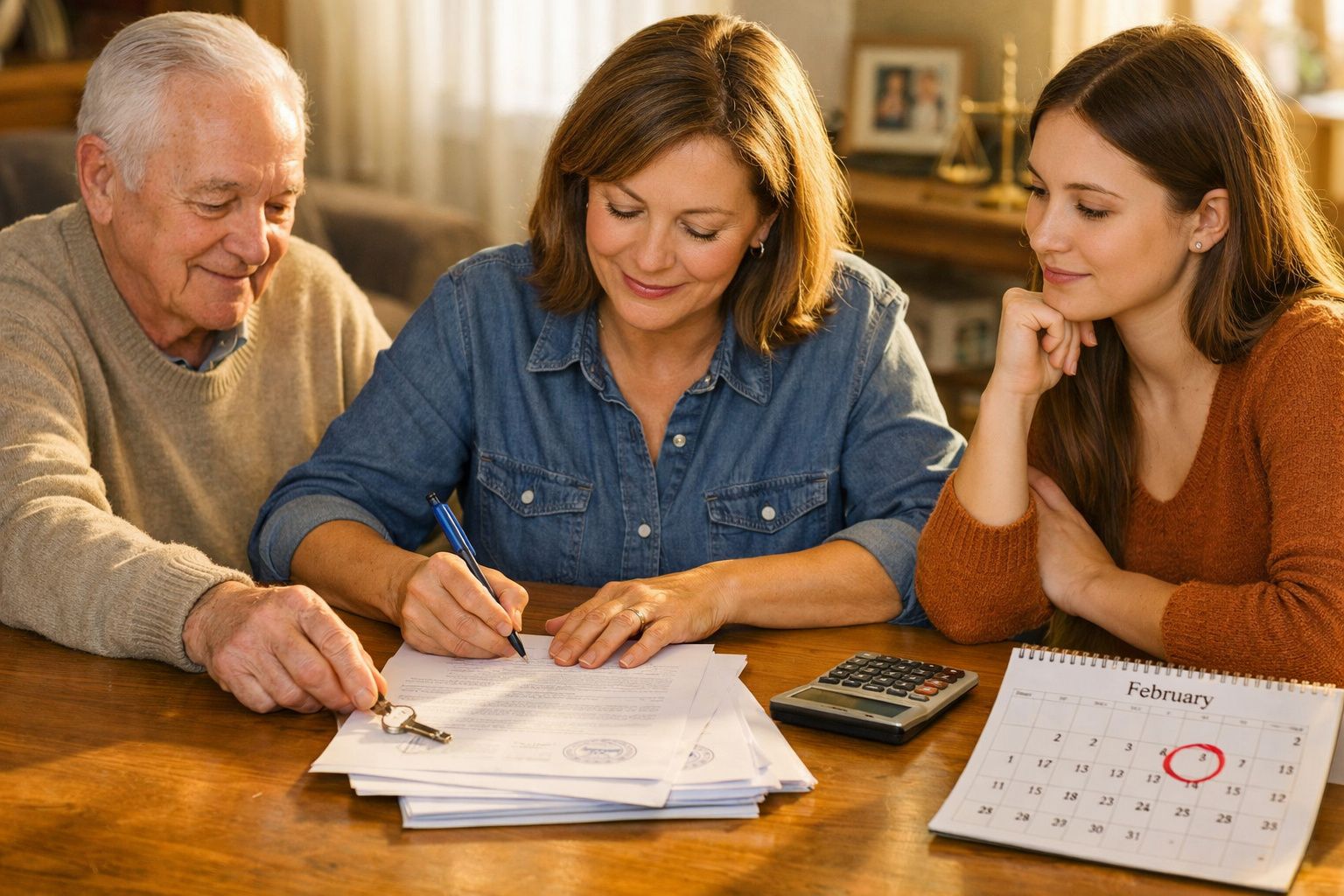Três pessoas sentadas à mesa assinam documentos com um calendário e uma calculadora à frente.