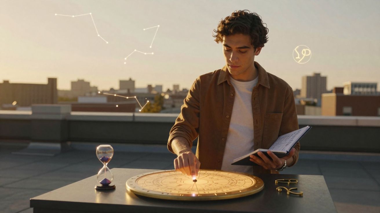 Jovem consulta mapa astral luminoso numa mesa ao ar livre ao pôr do sol, com ampulheta e caderno.