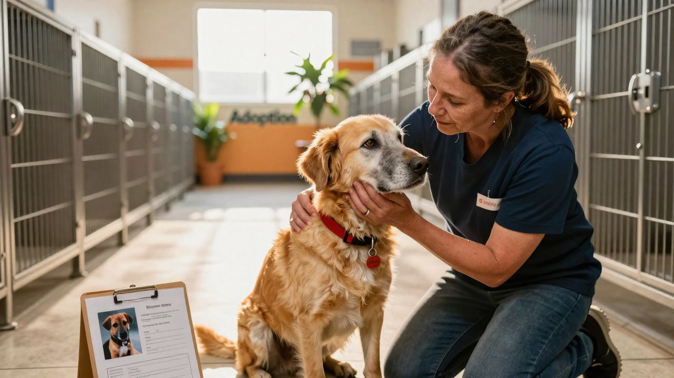 Mulher a confortar cão dourado numa área de adoção de animais com jaulas laterais.