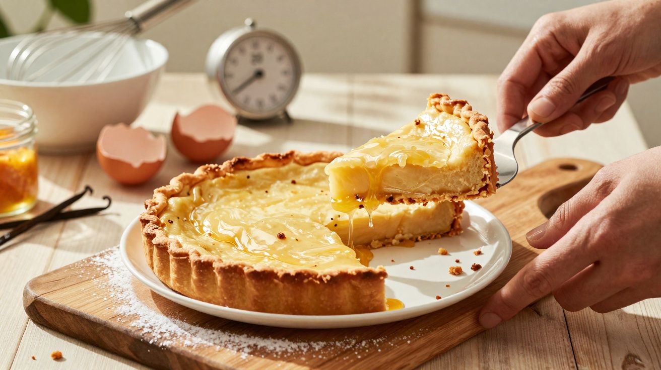 Tarte de limão com cobertura cremosa a ser servida numa cozinha iluminada com utensílios de cozinha ao fundo.