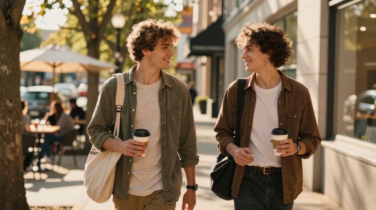 Dois jovens com roupas casuais caminham na rua sorrindo, cada um segurando um café para viagem.