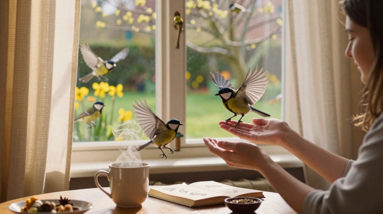 Mulher a alimentar tentilhões junto a uma janela com chá quente e livro aberto sobre a mesa.