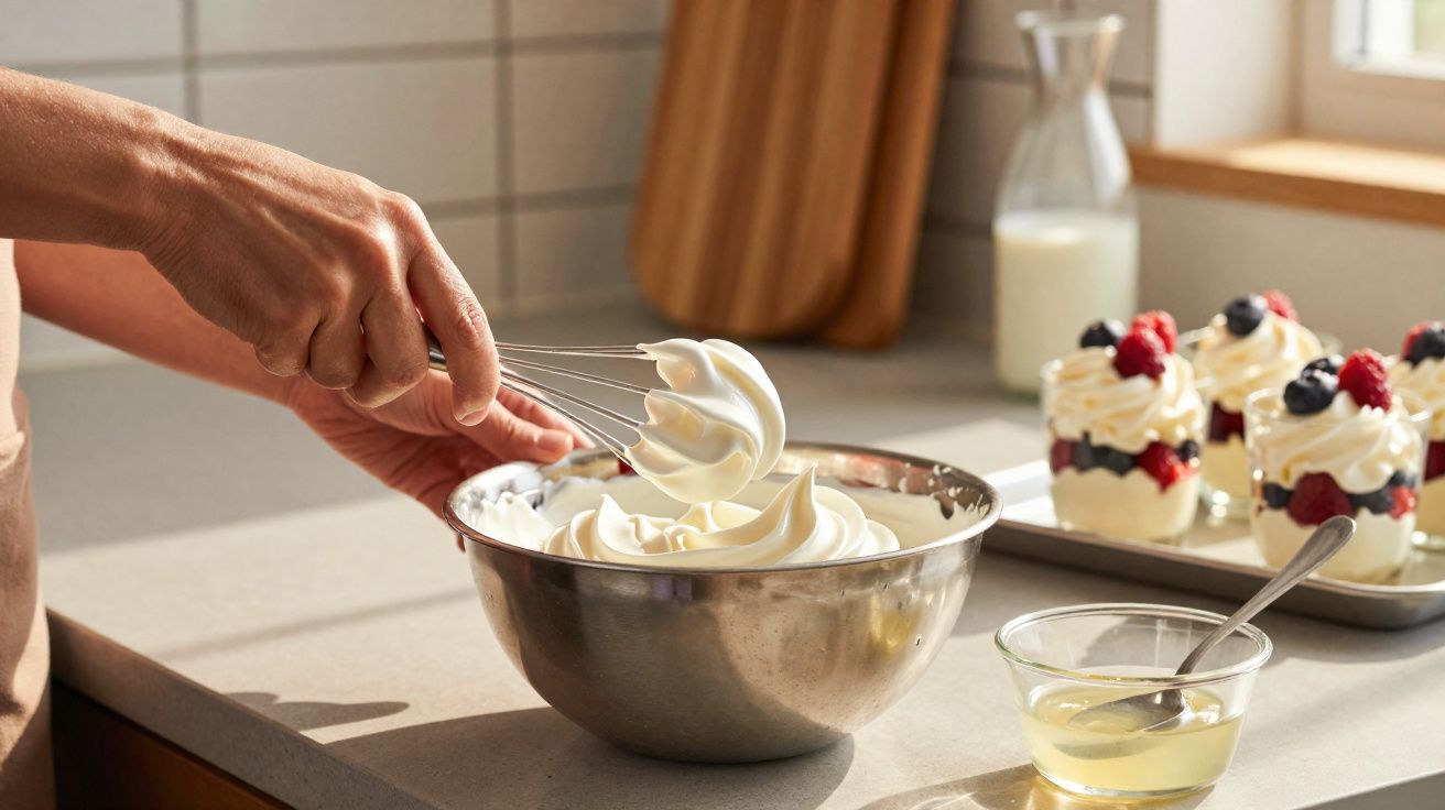Mãos a bater chantilly numa tigela metálica, com sobremesas de fruta e natas ao fundo numa bancada de cozinha.