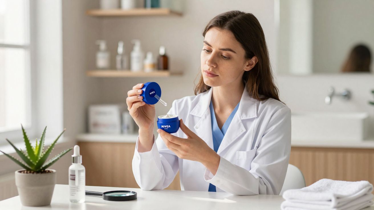 Especialista com bata branca a analisar creme Nivea num laboratório luminoso e organizado.