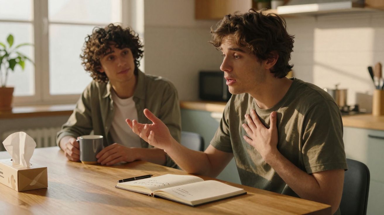 Dois jovens sentados à mesa numa cozinha, um fala expressivamente enquanto o outro ouve atento.
