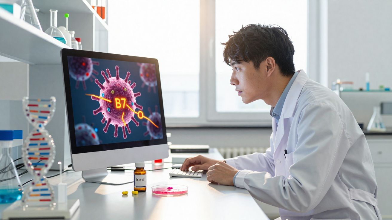 Cientista a analisar no ecrã computador vírus B7 em laboratório com equipamentos científicos.