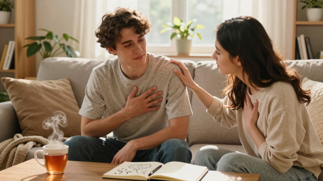Casal sentado no sofá, mulher confortando homem que parece aflito, chá e livro na mesa à frente.