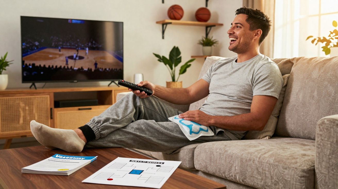 Homem sentado no sofá a ver basquetebol na televisão, com comando e sacos de snacks na mão.