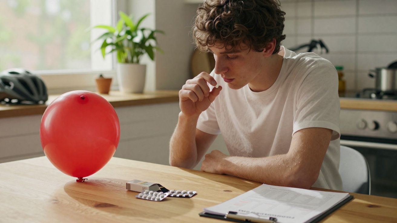 Homem pensativo sentado à mesa com comprimidos, documento e balão vermelho numa cozinha.