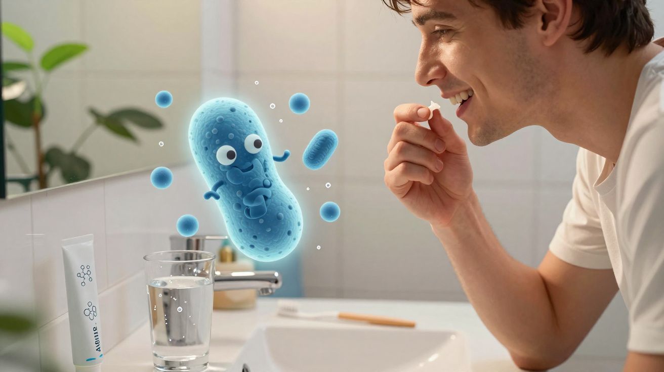 Homem a tomar um comprimido com um copo de água na casa de banho, com ilustração animada de bactéria azul.