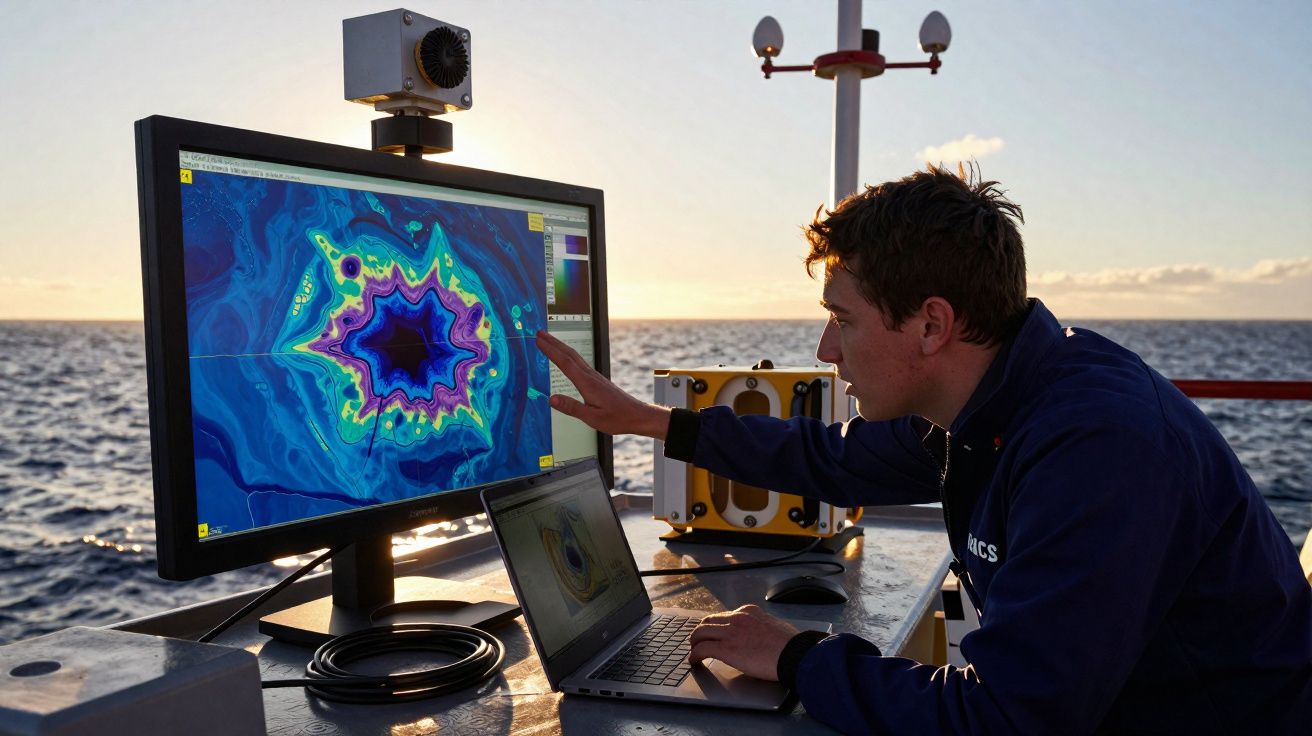 Homem a analisar dados coloridos num ecrã grande numa plataforma marítima ao pôr do sol.