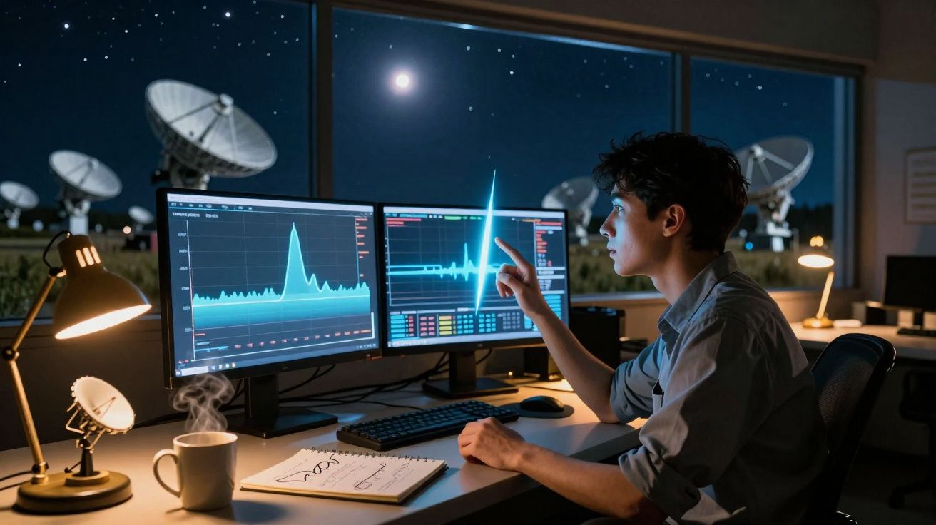 Jovem a analisar dados em ecrãs com gráficos num laboratório de astronomia com antenas parabólicas à noite.