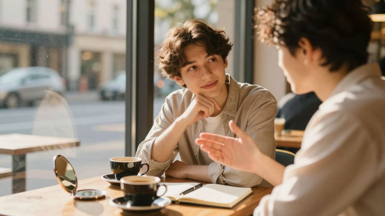 Duas pessoas conversam numa cafeteria, com chávenas de café e um caderno aberto sobre a mesa.