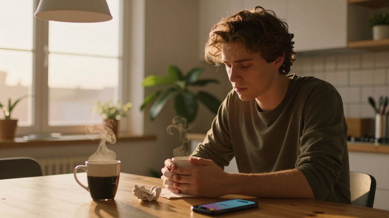 Jovem sentado à mesa com chá quente, telefone e papel amassado numa cozinha iluminada pela manhã.