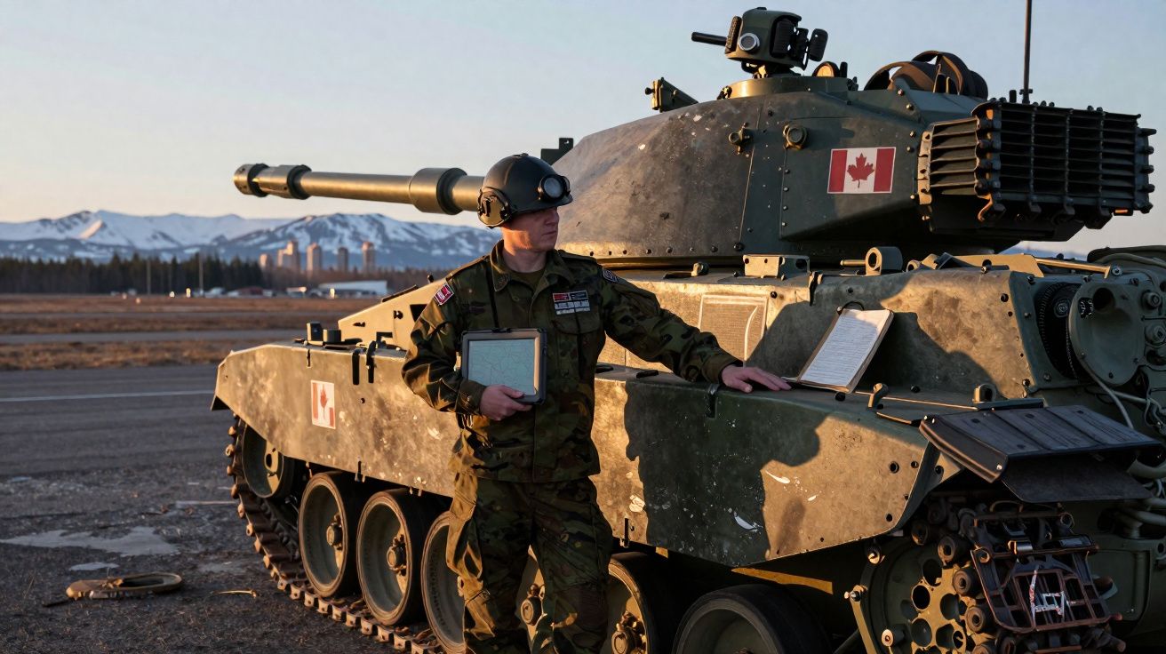 Soldado canadiano em uniforme e capacete junto de um tanque de guerra com bandeira do Canadá ao pôr do sol.