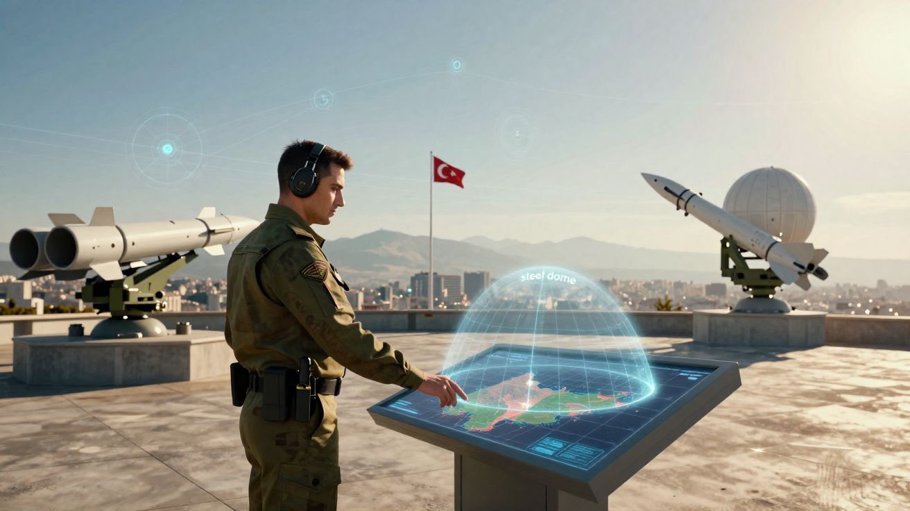 Soldado em uniforme usa tecnologia de holograma num posto de controlo ao ar livre com mísseis e bandeira da Turquia.