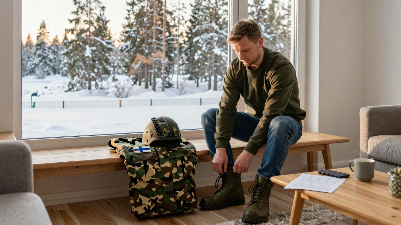 Homem veste botas militares sentado em banco junto a mochila e capacete camuflados, janela mostra paisagem nevada.