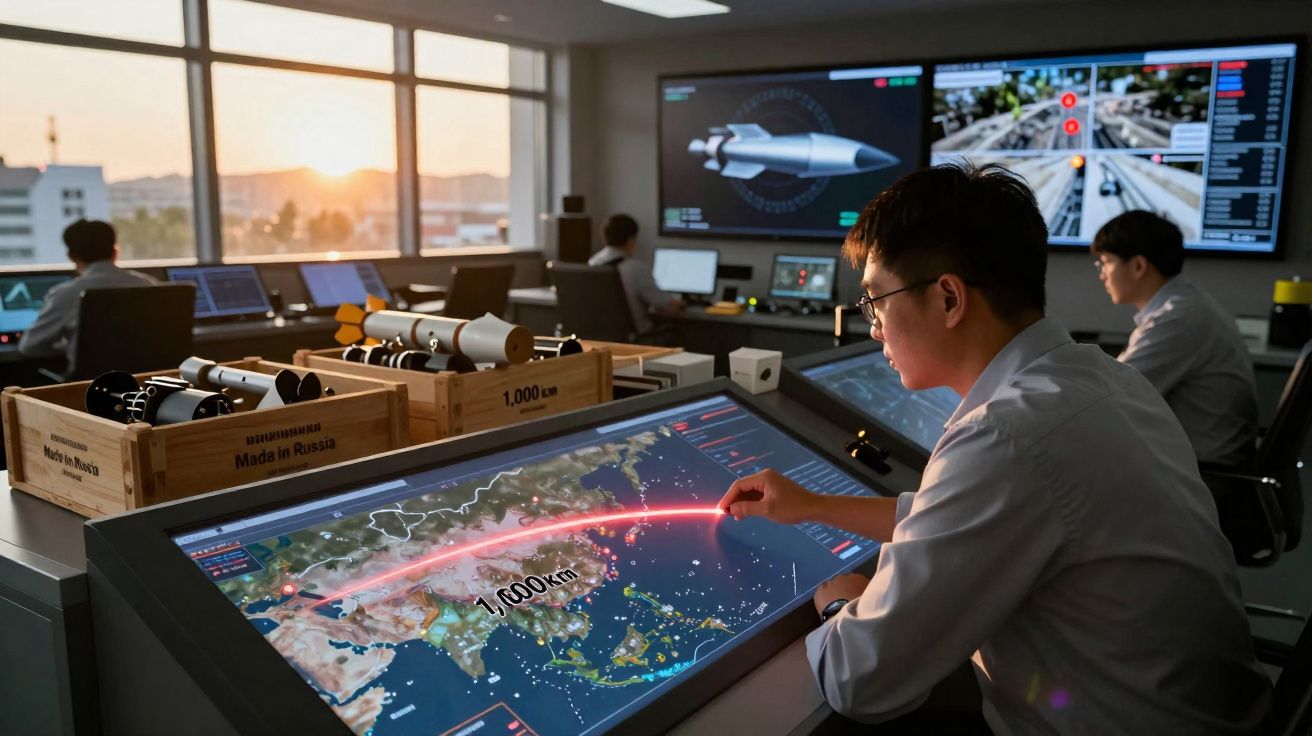 Homem a trabalhar numa mesa digital com mapa interativo e simulador de mísseis numa sala de controlo tecnológica.