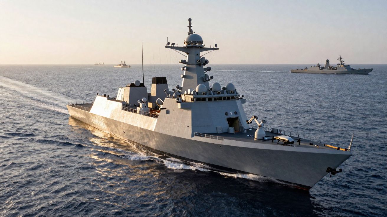 Fragata militar cinzenta a navegar no mar durante o pôr do sol, com dois navios ao fundo.