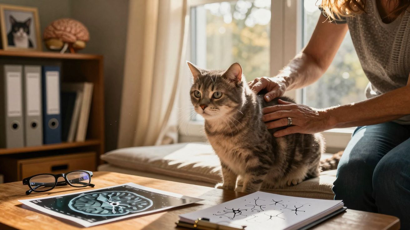 Gato cinzento sentado numa mesa com imagens de cérebro e uma pessoa a acariciá-lo junto a uma janela.