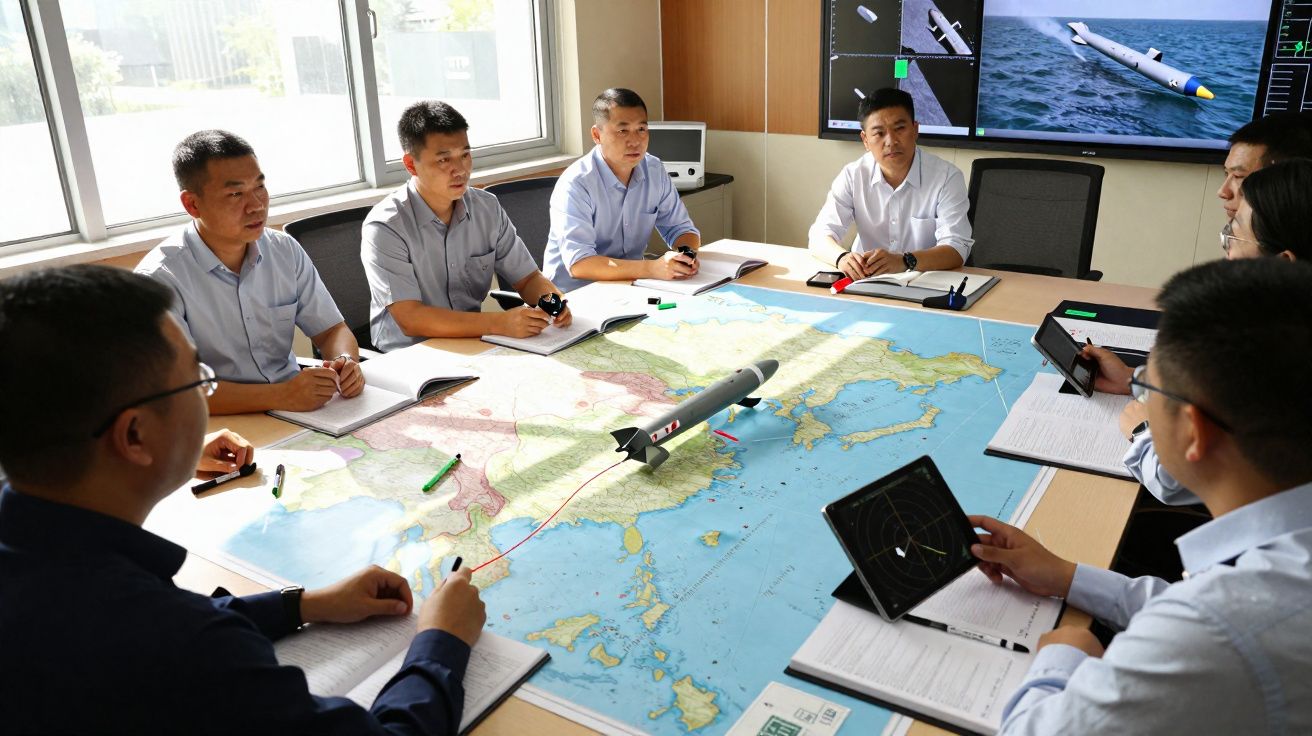 Homens em reunião à volta de mapa com modelo de míssil e ecrã a mostrar visualização da arma.