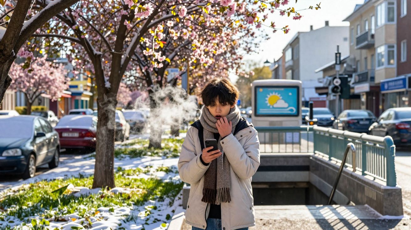 Pessoa de casaco e cachecol usa telemóvel numa rua com árvores floridas e neve, num dia ensolarado.