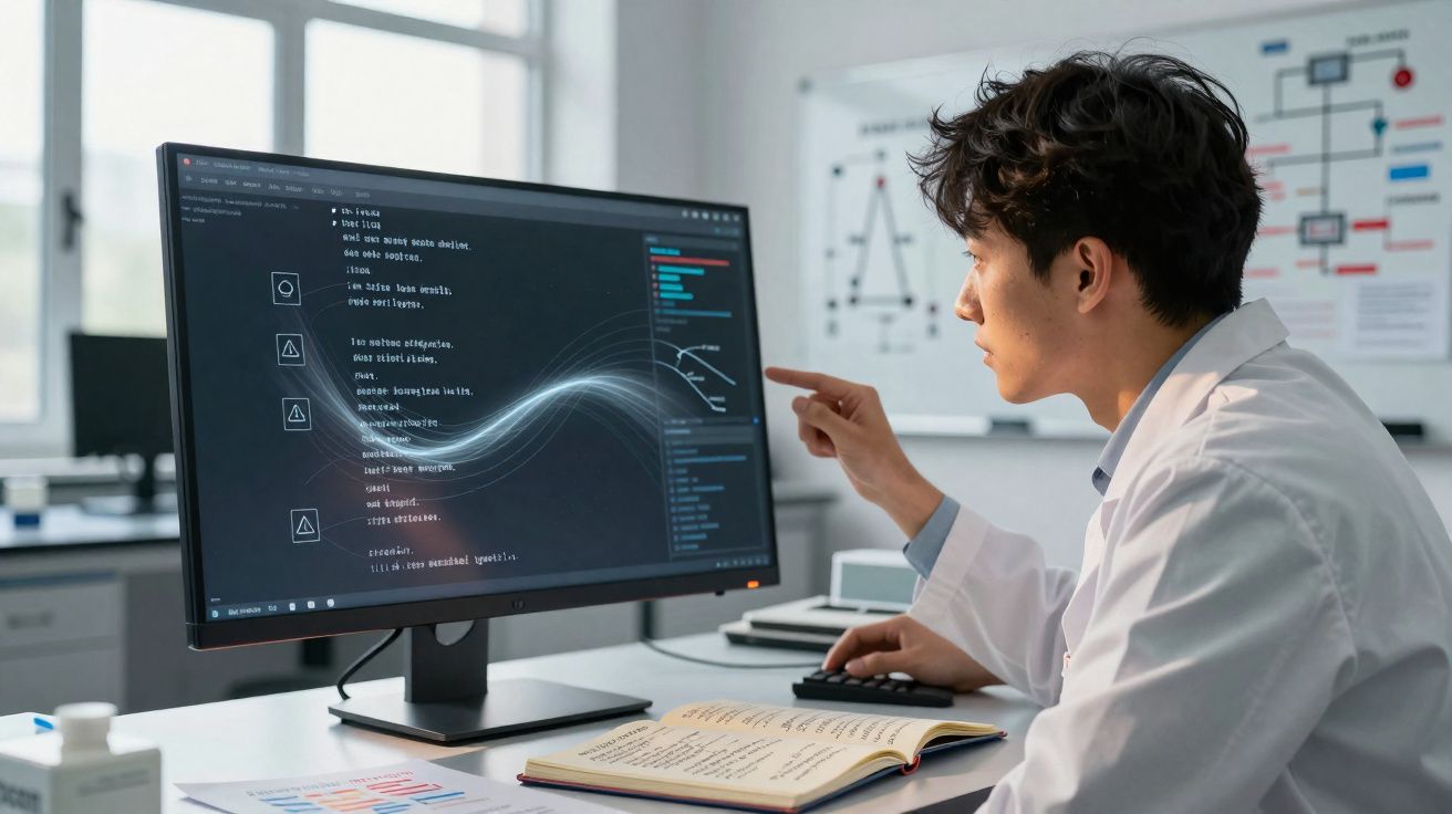 Cientista a analisar dados digitais num ecrã de computador numa sala de laboratório moderna.