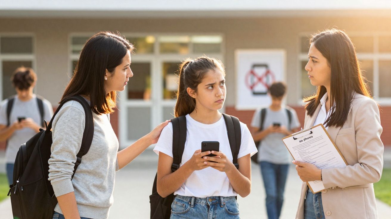 Aluna preocupada com telemóvel conversa com professora e colega numa escola ao ar livre.