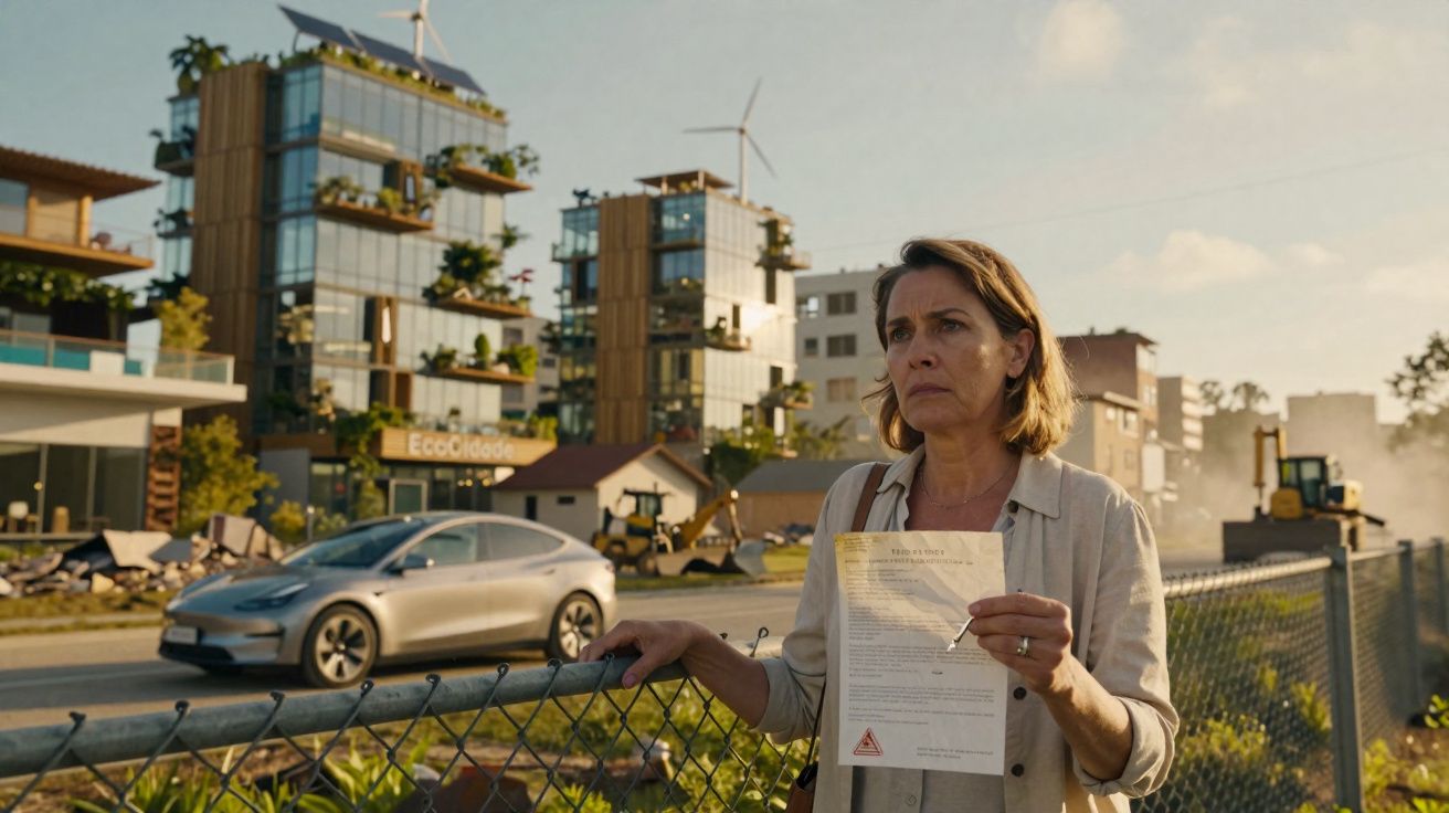 Mulher com expressão séria segura documento junto a vedação metálica, com carros e edifícios modernos ao fundo.