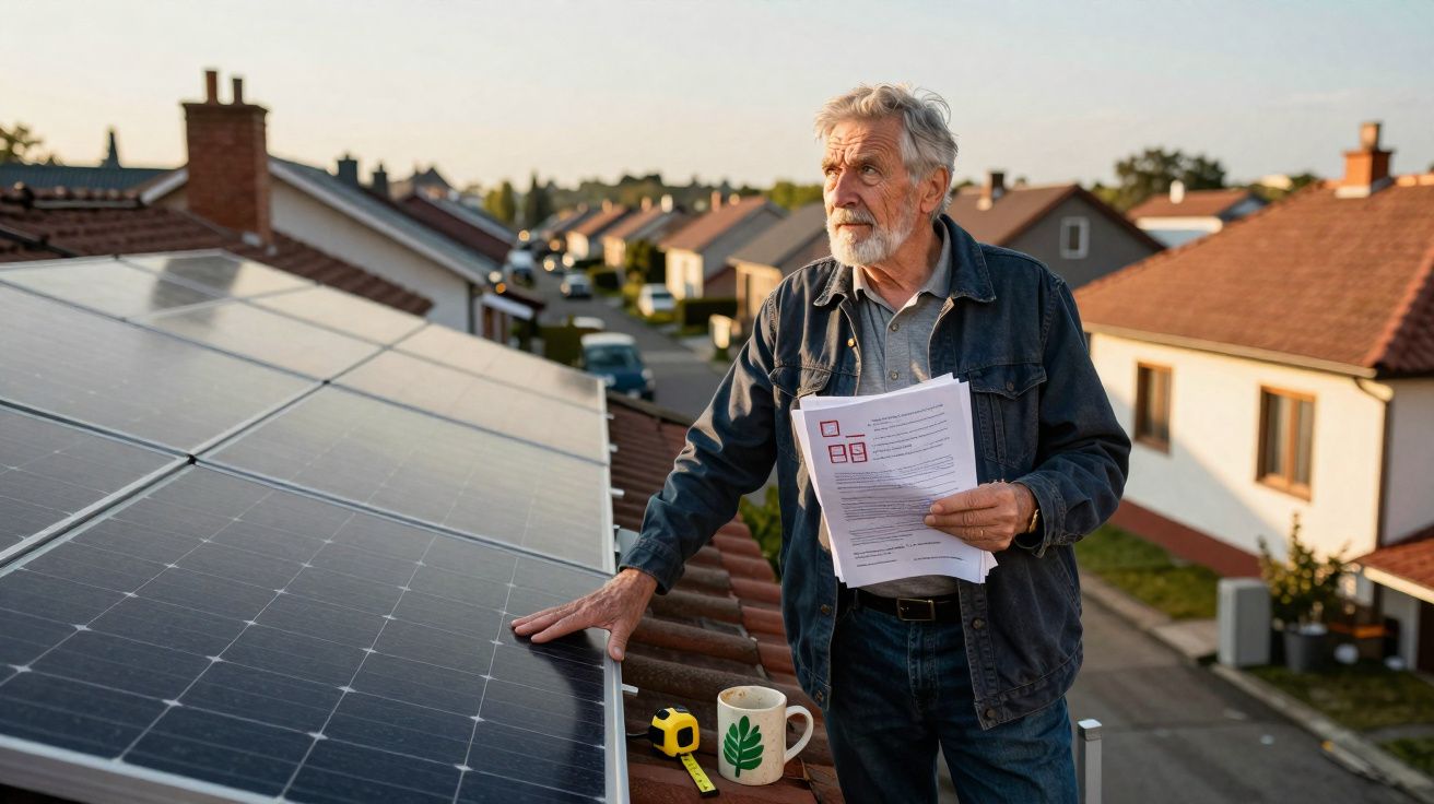 Homem idoso analisa painéis solares na cobertura, segurando documentos ao entardecer numa zona residencial.