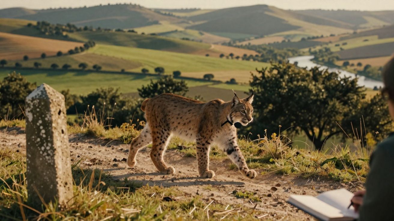 Lince ibérico a caminhar num trilho rural, com paisagem de colinas e árvores ao fundo.