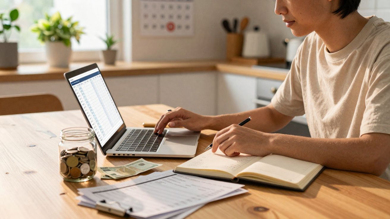 Pessoa a trabalhar finanças em casa com laptop, caderno, moedas e notas numa jarra sobre a mesa.