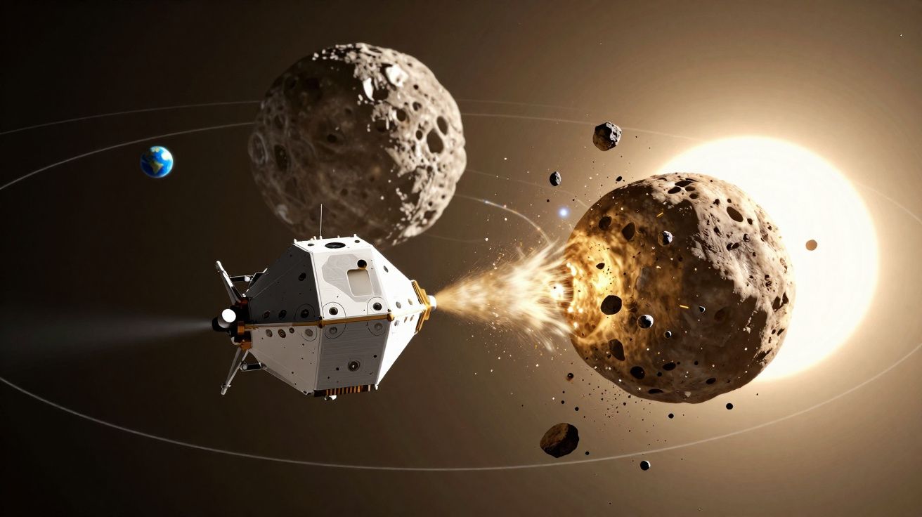 Nave espacial com lança laser destrói asteróide próximo da Terra no espaço sideral.