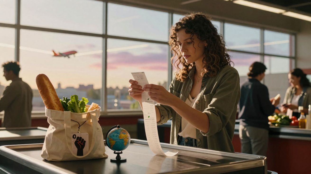 Mulher a verificar lista de compras num balcão com sacola de supermercado e avião ao fundo.