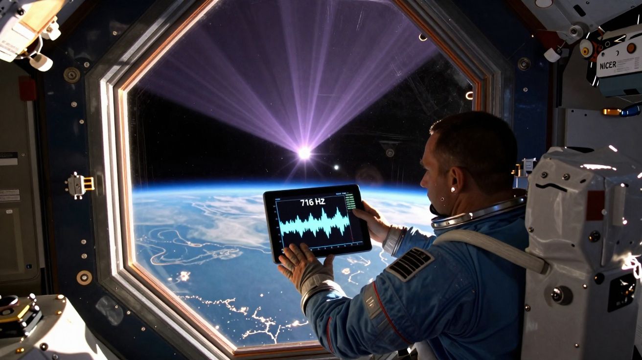 Astronauta na Estação Espacial Internacional observa dados num tablet com vista para a Terra e um feixe de luz no espaço.