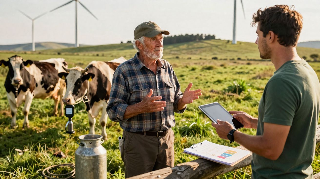 Agricultores a discutir dados numa quinta com vacas e turbinas eólicas ao fundo.