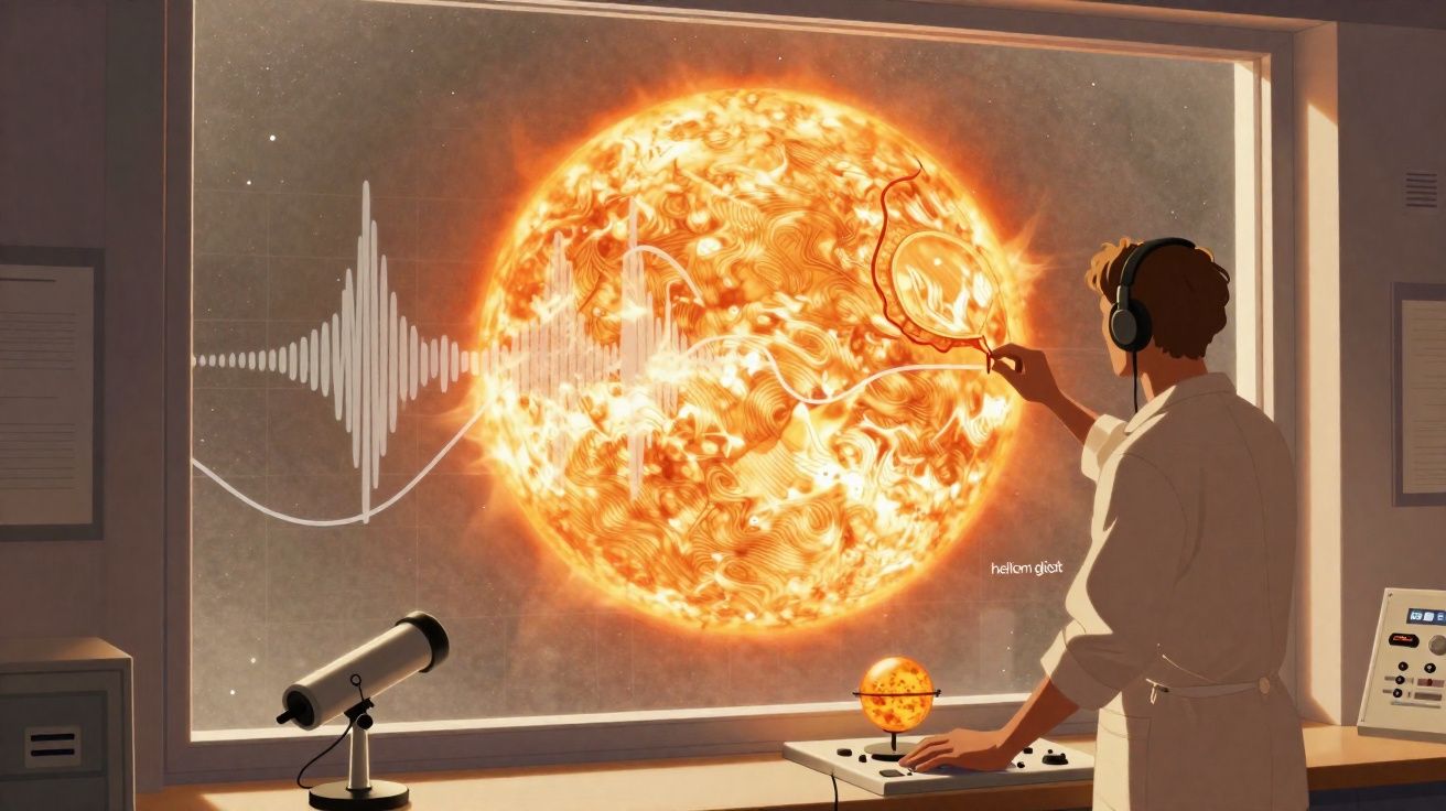 Pessoa com auscultadores controla globo luminoso enquanto observa sol brilhante e ondas sonoras numa janela grande.