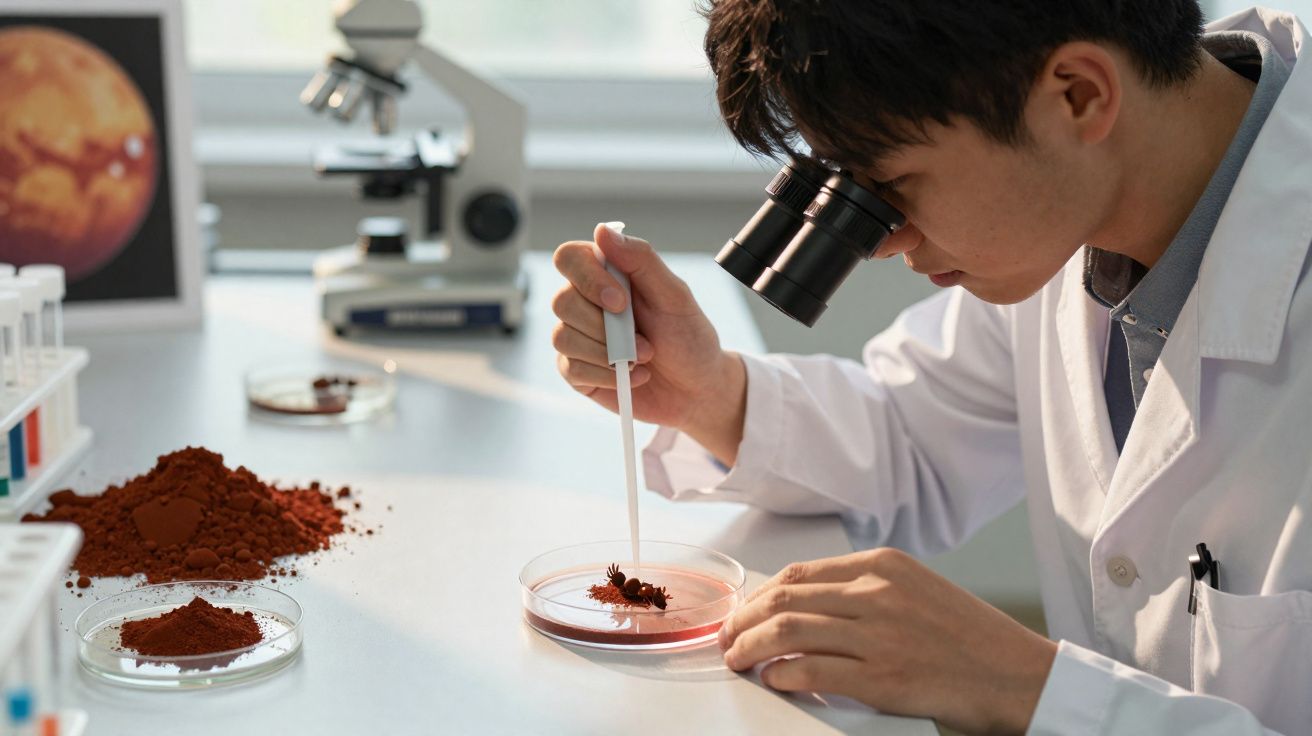 Cientista em laboratório a analisar amostra com pipeta e microscópio, com terra vermelha e imagem de Marte ao fundo.