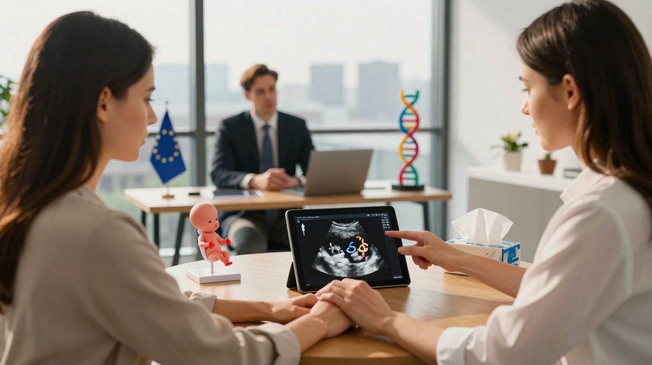 Duas mulheres discutem uma ecografia fetal num consultório com um homem ao fundo e modelo de DNA na mesa.